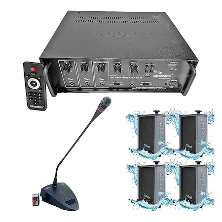 5 Core PA Paging System with Amplifier with 4 Wall Speakers with Paging Mic for Use Through Phones PACKET 10TG